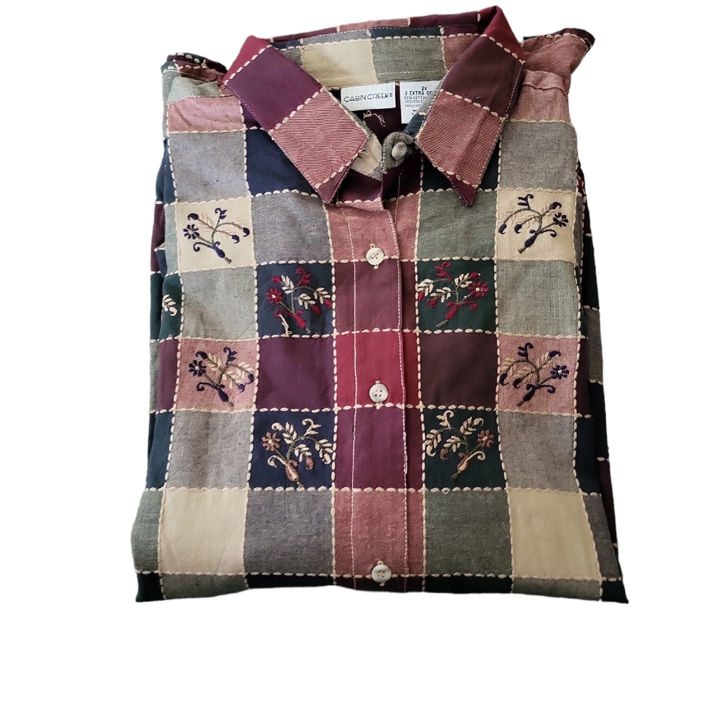 Sold Vintage 80s Cabi Creek women's plaid floral embroidered cotton shirt 2X - Picture 6 of 6